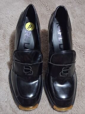 Karl Lagerfeld Black Leather Loafer Heels with Gold Toe Caps